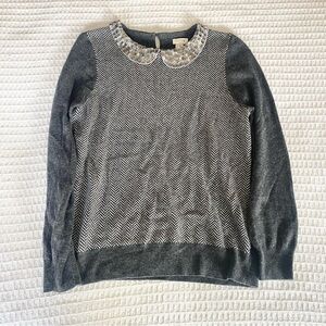 J. Crew factory grey herringbone embellished Peter Pan collar sweater medium